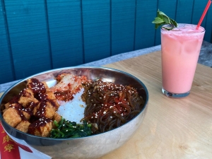 Bowl of food and a drink