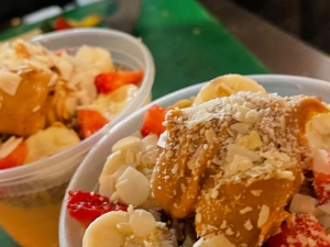 Fruit and peanut butter bowls