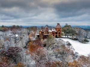 Drone shot of Olana In winter