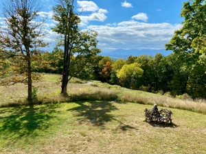 Woman sitting on wooden bench at Olana