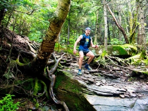 Man scaling boulders and roots.